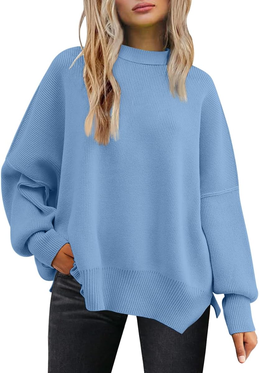 Women's Oversized Batwing Sweaters  Trendy Crewneck Knit Side Slit Fashion Pullover Tops
