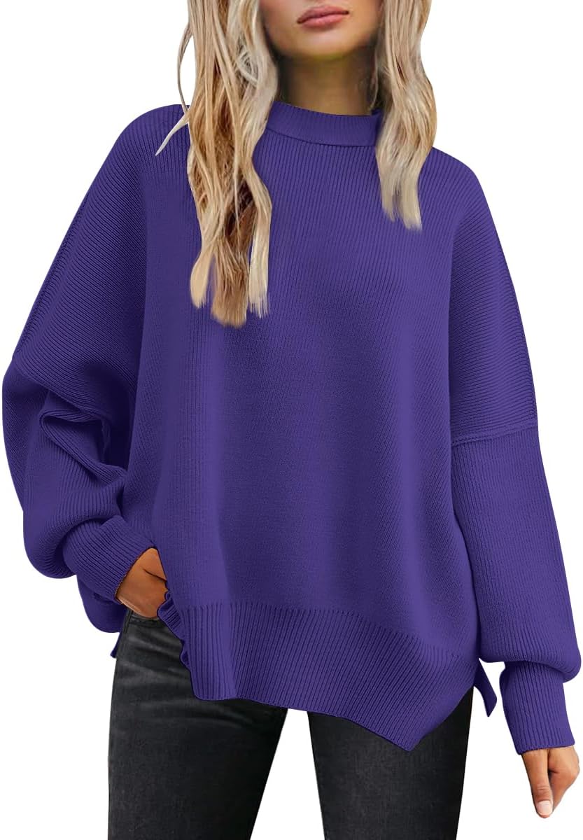Women's Oversized Batwing Sweaters  Trendy Crewneck Knit Side Slit Fashion Pullover Tops