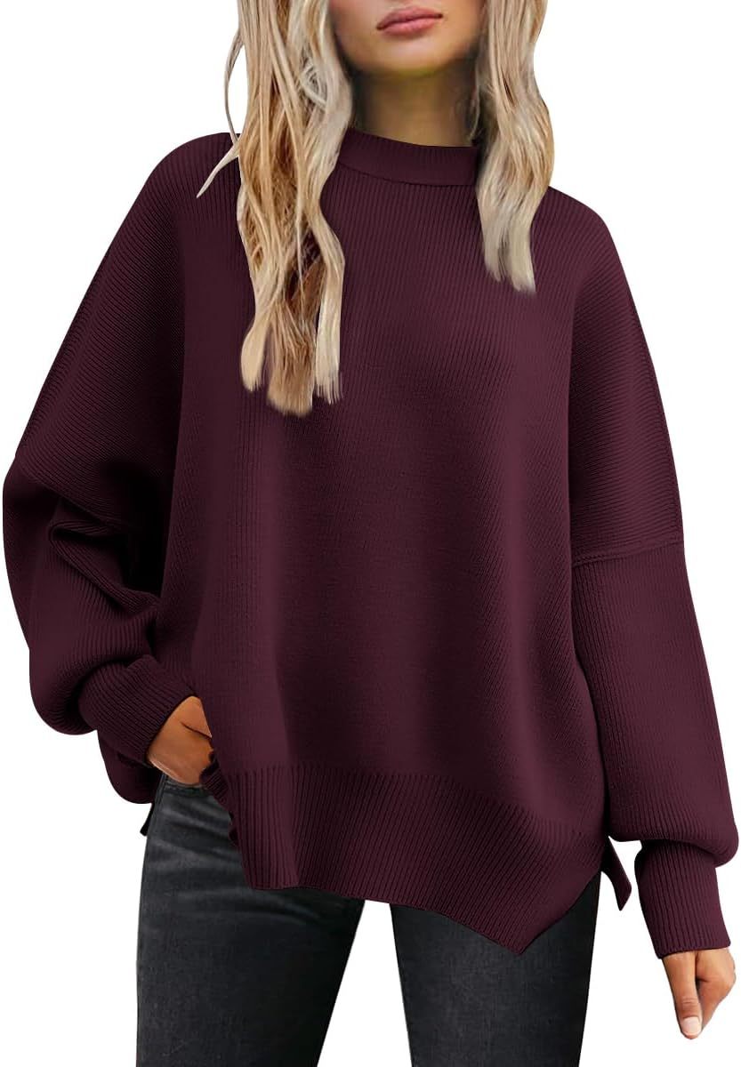 Women's Oversized Batwing Sweaters  Trendy Crewneck Knit Side Slit Fashion Pullover Tops