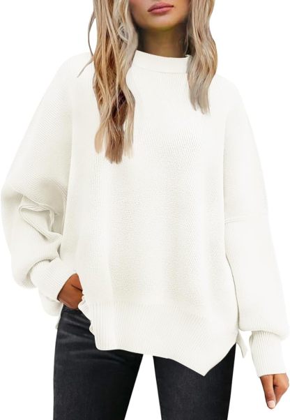 Women's Oversized Batwing Sweaters  Trendy Crewneck Knit Side Slit Fashion Pullover Tops