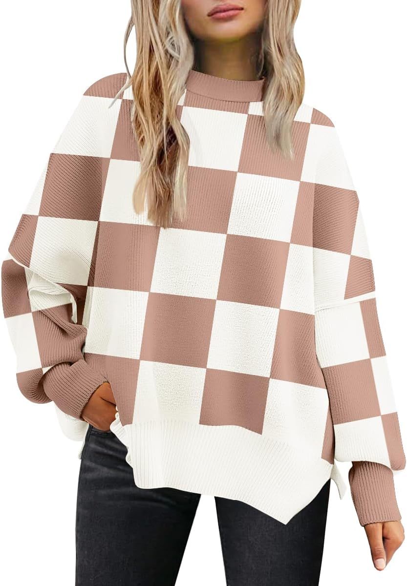 Women's Oversized Batwing Sweaters  Trendy Crewneck Knit Side Slit Fashion Pullover Tops