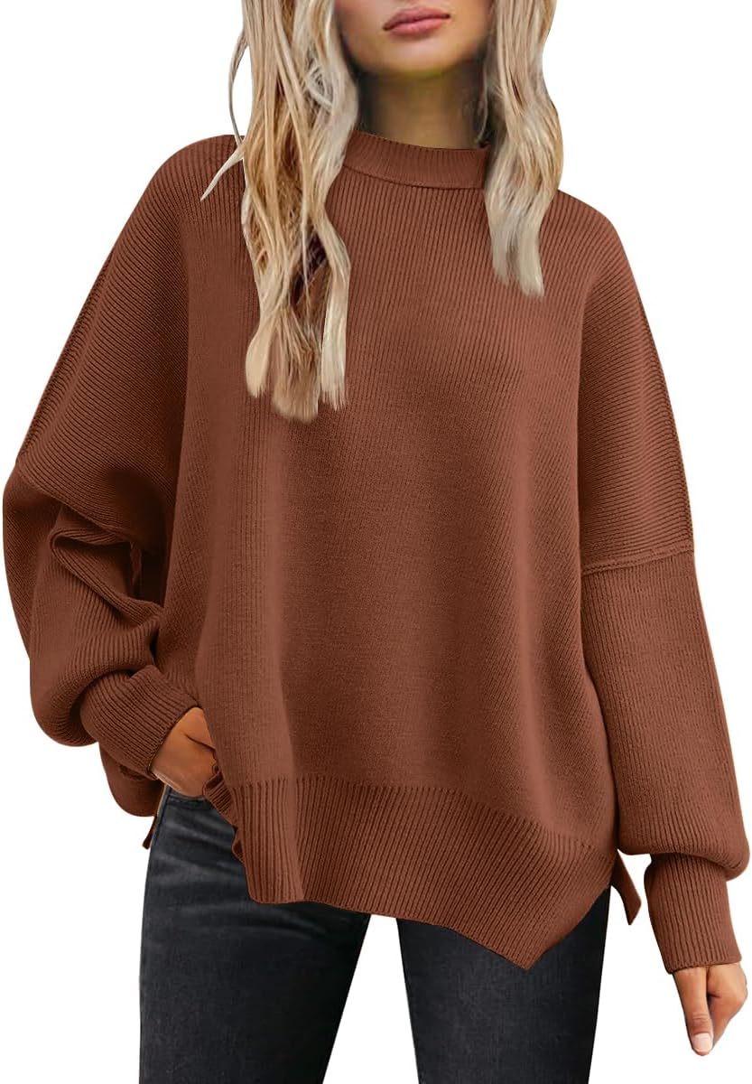 Women's Oversized Batwing Sweaters  Trendy Crewneck Knit Side Slit Fashion Pullover Tops