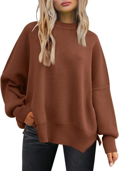 Women's Oversized Batwing Sweaters  Trendy Crewneck Knit Side Slit Fashion Pullover Tops