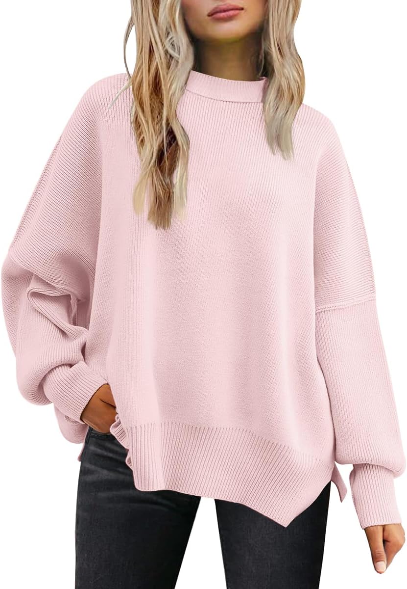 Women's Oversized Batwing Sweaters  Trendy Crewneck Knit Side Slit Fashion Pullover Tops