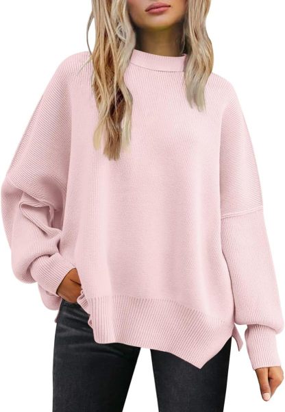 Women's Oversized Batwing Sweaters  Trendy Crewneck Knit Side Slit Fashion Pullover Tops