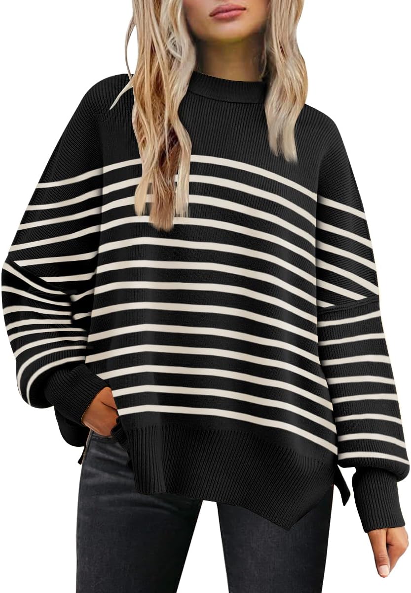 Women's Oversized Batwing Sweaters  Trendy Crewneck Knit Side Slit Fashion Pullover Tops