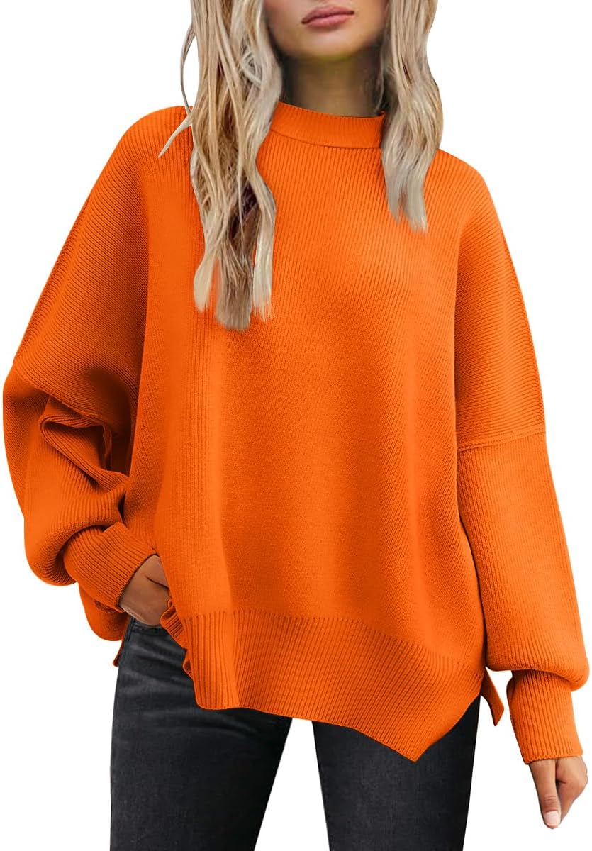 Women's Oversized Batwing Sweaters  Trendy Crewneck Knit Side Slit Fashion Pullover Tops