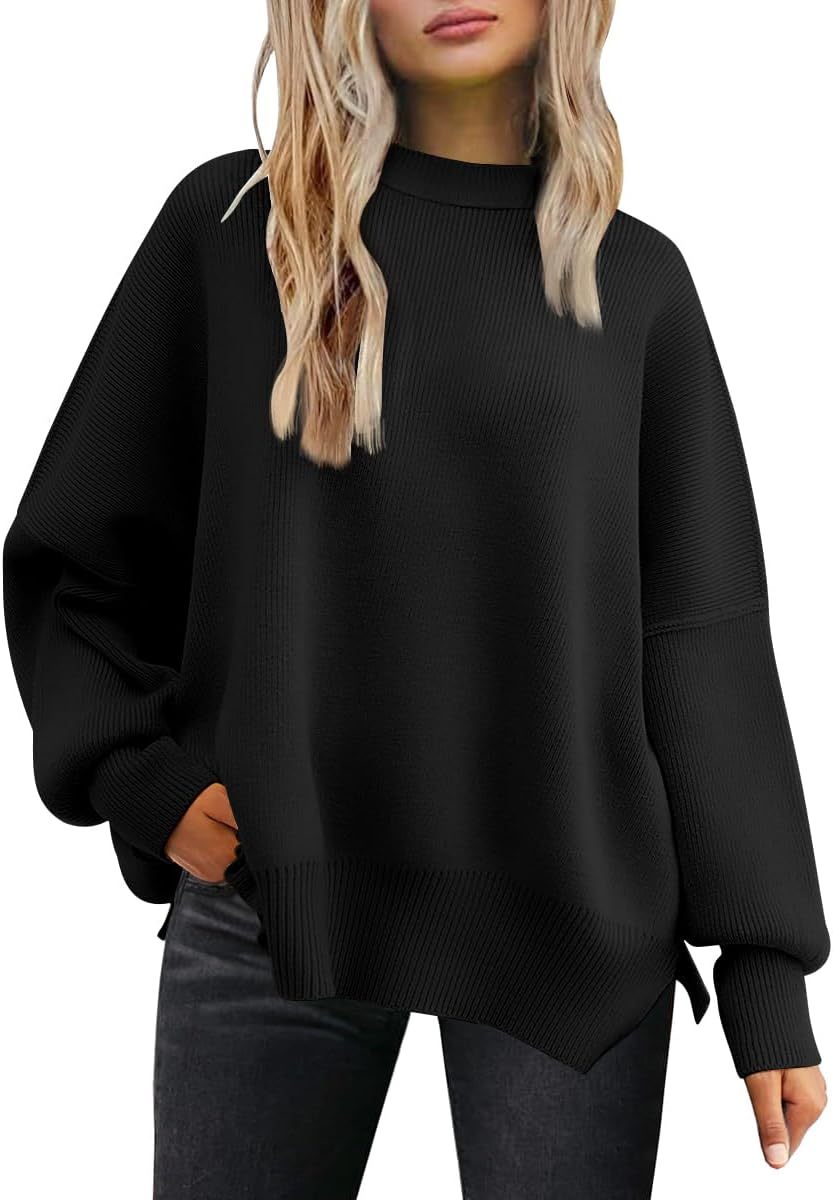 Women's Oversized Batwing Sweaters  Trendy Crewneck Knit Side Slit Fashion Pullover Tops