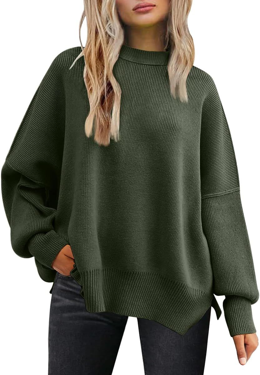 Women's Oversized Batwing Sweaters  Trendy Crewneck Knit Side Slit Fashion Pullover Tops