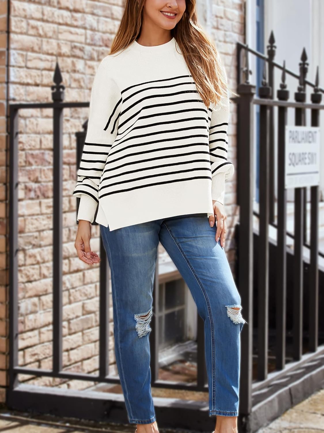 Women's Oversized Batwing Sweaters  Trendy Crewneck Knit Side Slit Fashion Pullover Tops