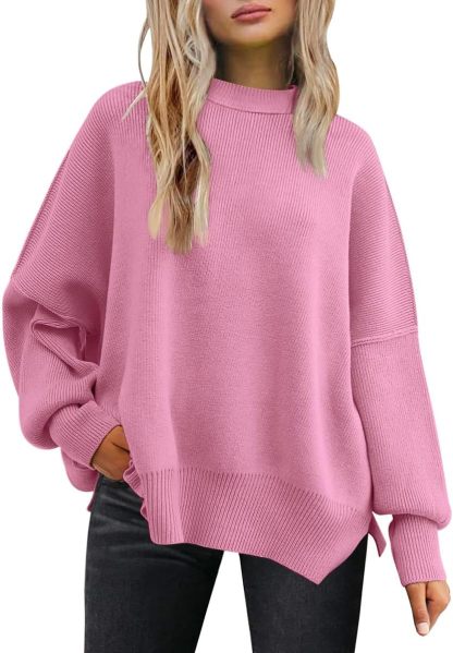 Women's Oversized Batwing Sweaters  Trendy Crewneck Knit Side Slit Fashion Pullover Tops