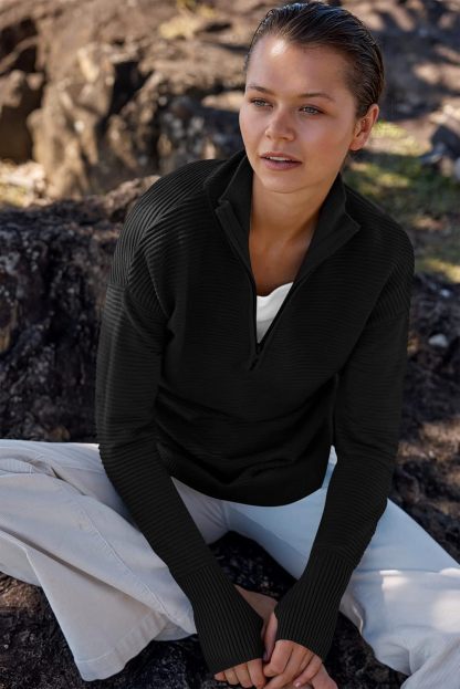 Womens Long Sleeve Quarter Zip Pullover Sweater Casual Loose V Neck Collared Ribbed Knit Jumper Tops Thumb Hole