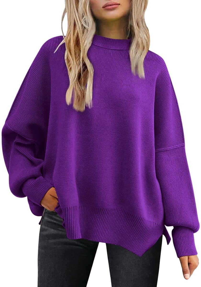 Women's Oversized Batwing Sweaters  Trendy Crewneck Knit Side Slit Fashion Pullover Tops