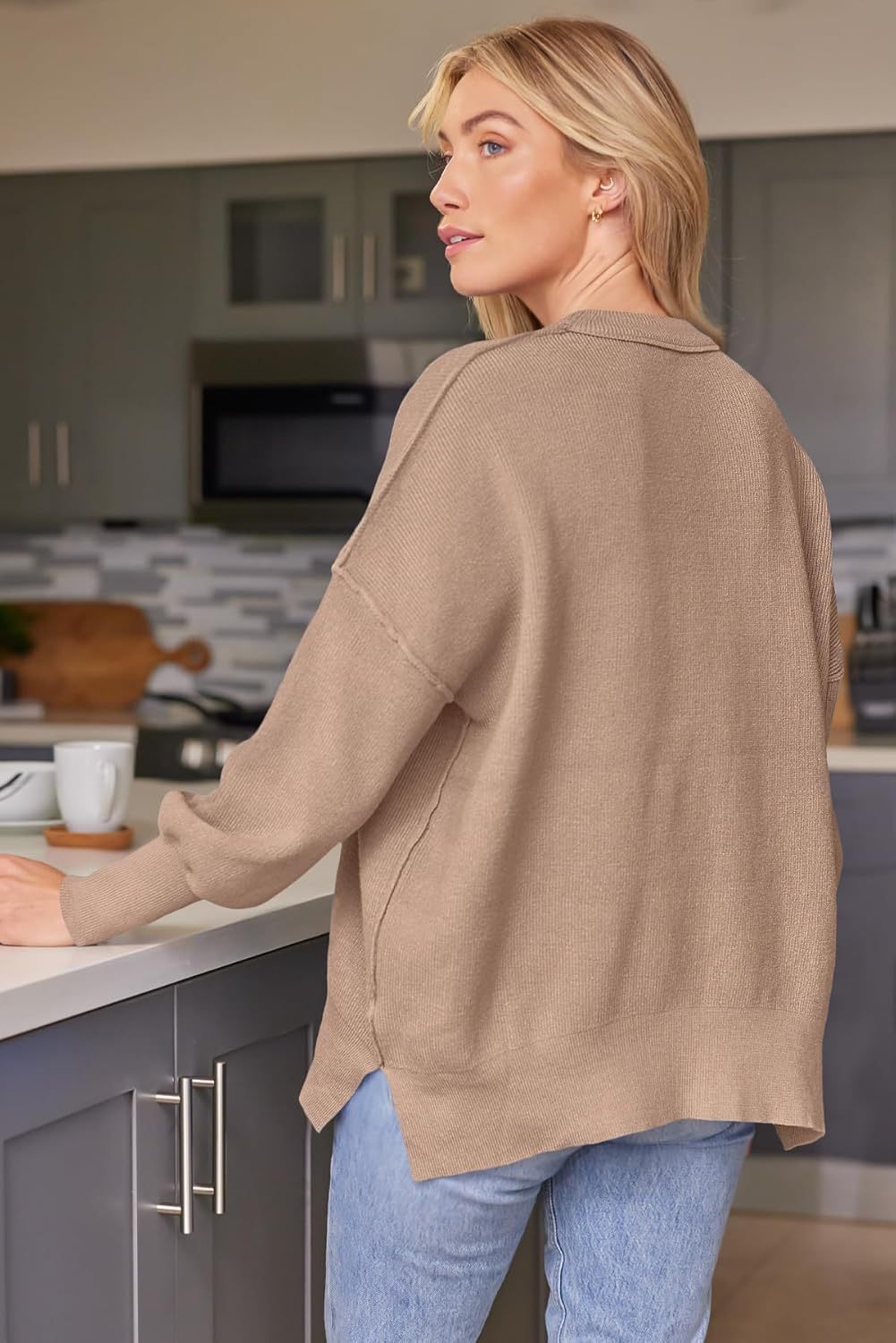 Women's Oversized Batwing Sweaters  Trendy Crewneck Knit Side Slit Fashion Pullover Tops