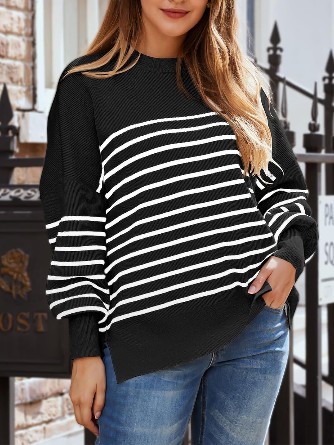 Women's Oversized Batwing Sweaters  Trendy Crewneck Knit Side Slit Fashion Pullover Tops