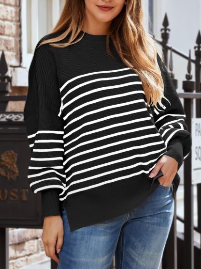 Women's Oversized Batwing Sweaters  Trendy Crewneck Knit Side Slit Fashion Pullover Tops