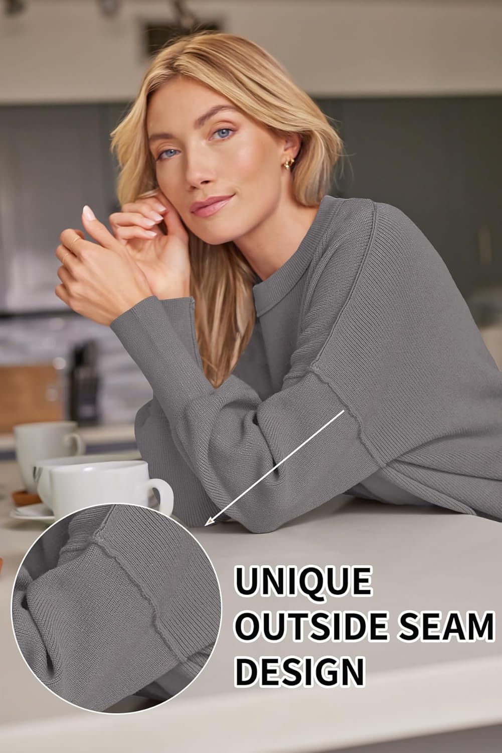 Women's Oversized Batwing Sweaters  Trendy Crewneck Knit Side Slit Fashion Pullover Tops