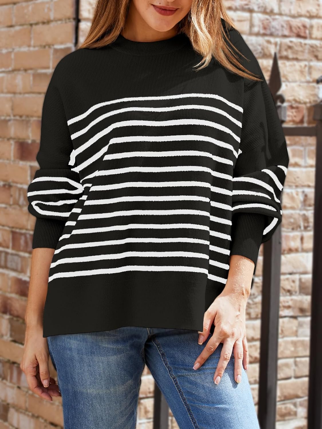 Women's Oversized Batwing Sweaters  Trendy Crewneck Knit Side Slit Fashion Pullover Tops