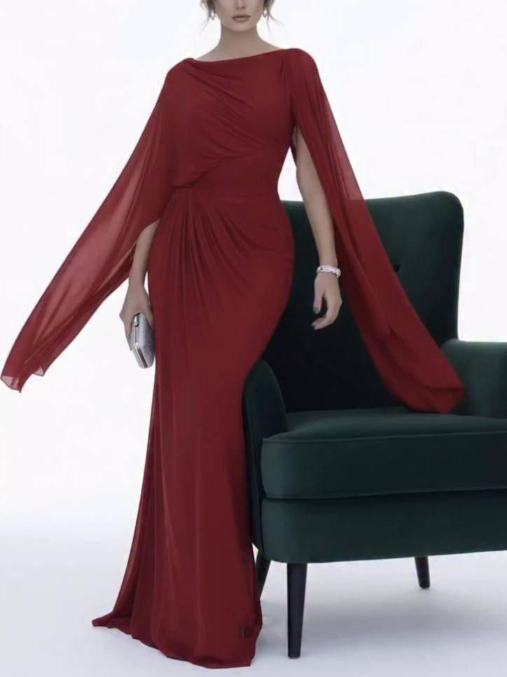 Boat Neck Pleated Slim Fit Maxi Dress