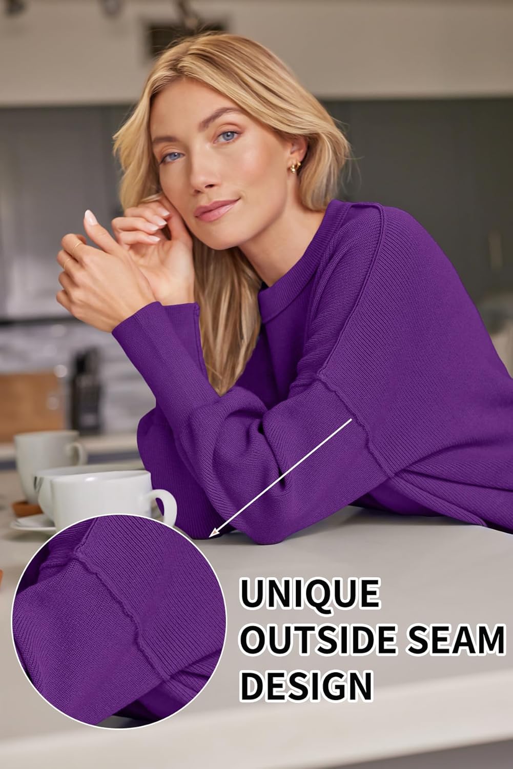 Women's Oversized Batwing Sweaters  Trendy Crewneck Knit Side Slit Fashion Pullover Tops