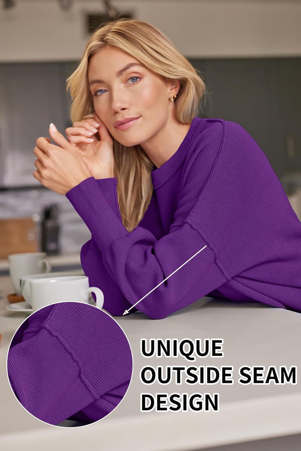 Women's Oversized Batwing Sweaters  Trendy Crewneck Knit Side Slit Fashion Pullover Tops