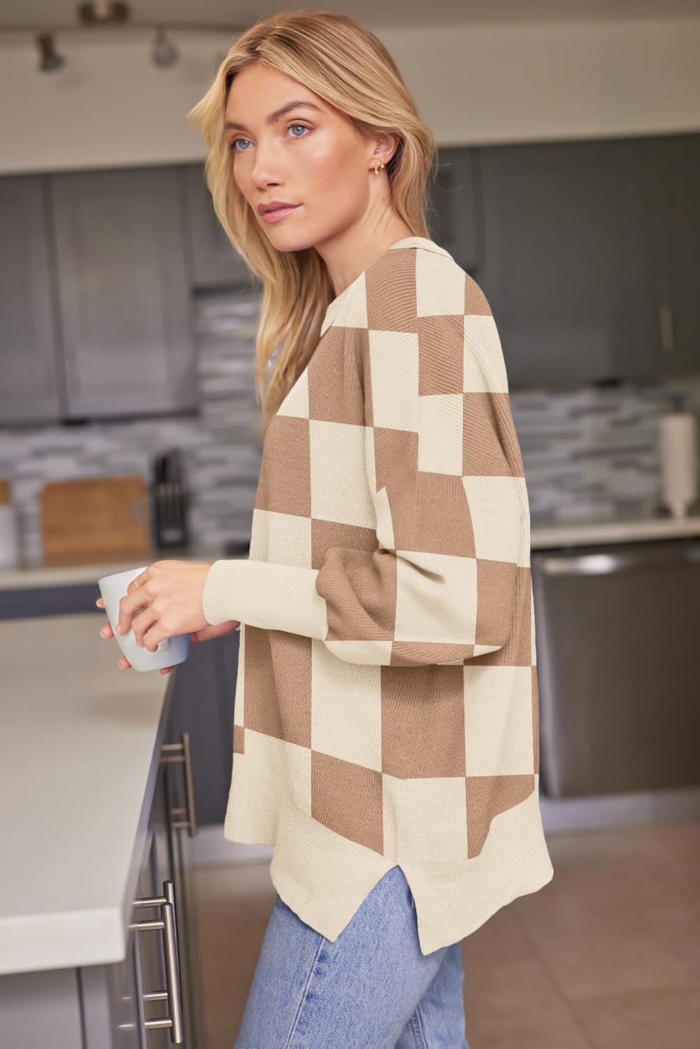 Women's Oversized Batwing Sweaters  Trendy Crewneck Knit Side Slit Fashion Pullover Tops