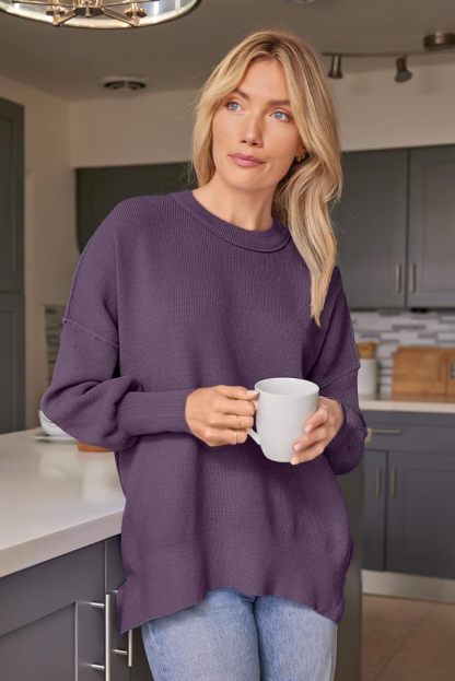 Women's Oversized Batwing Sweaters  Trendy Crewneck Knit Side Slit Fashion Pullover Tops