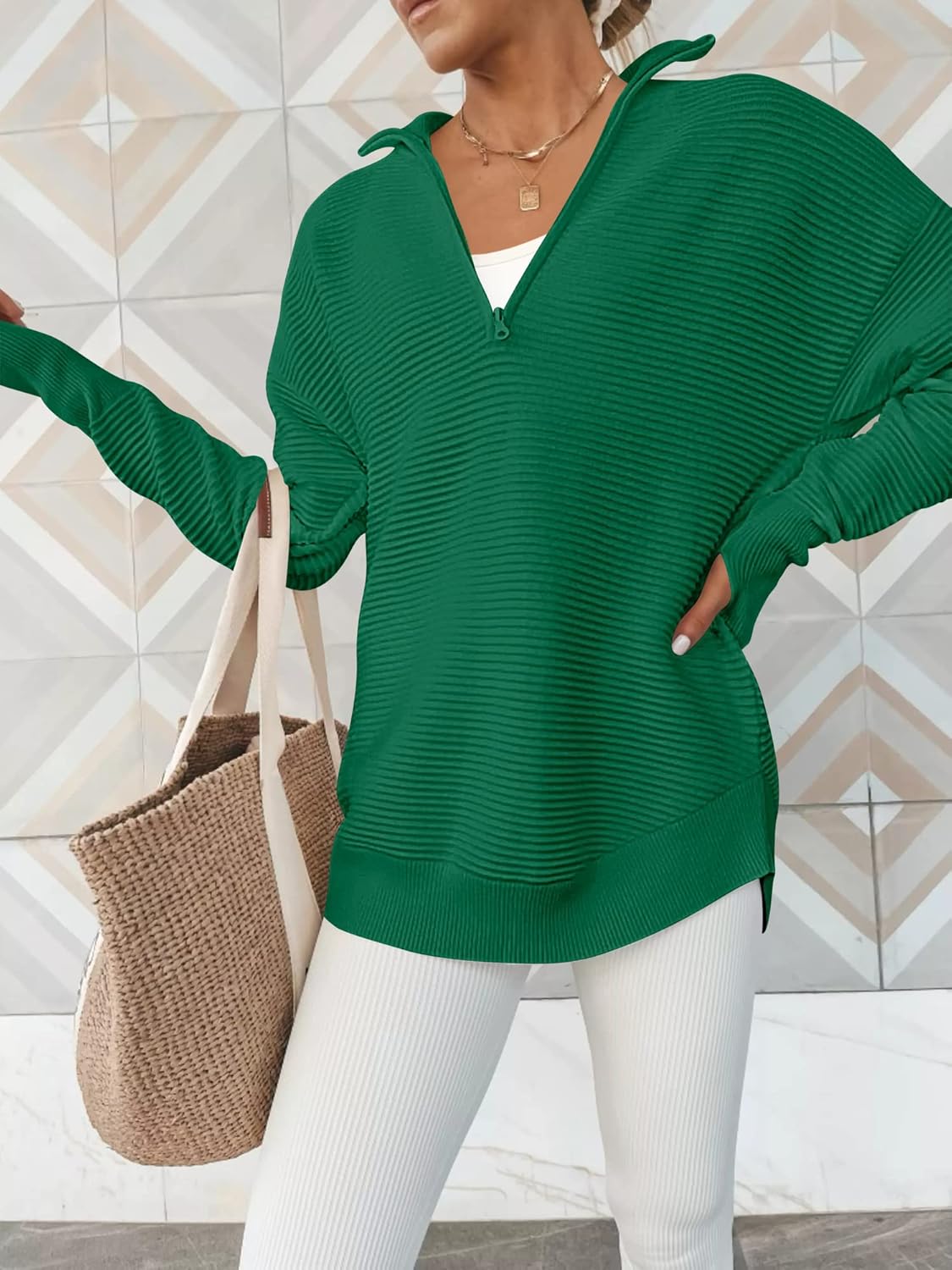 Womens Long Sleeve Quarter Zip Pullover Sweater Casual Loose V Neck Collared Ribbed Knit Jumper Tops Thumb Hole
