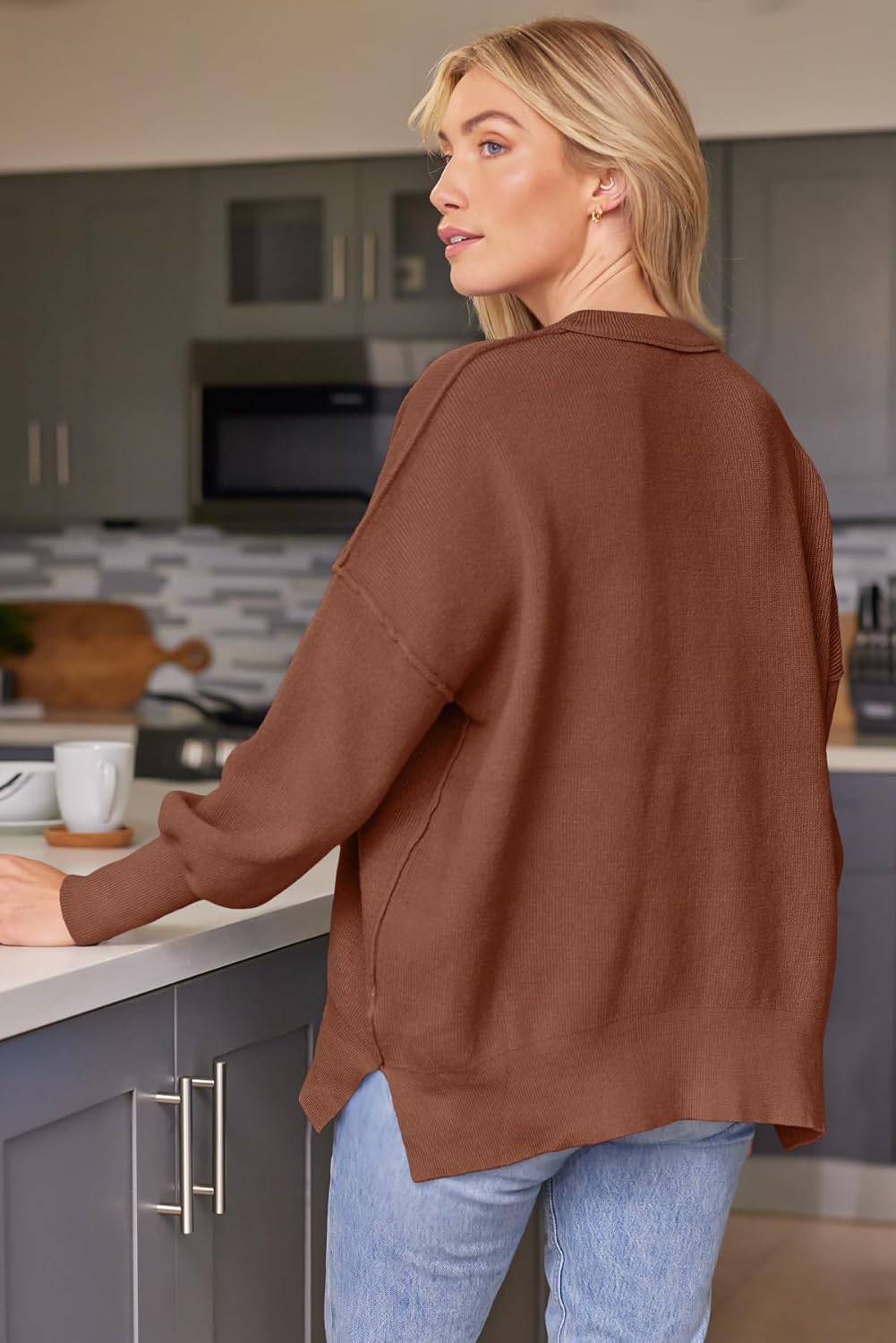 Women's Oversized Batwing Sweaters  Trendy Crewneck Knit Side Slit Fashion Pullover Tops