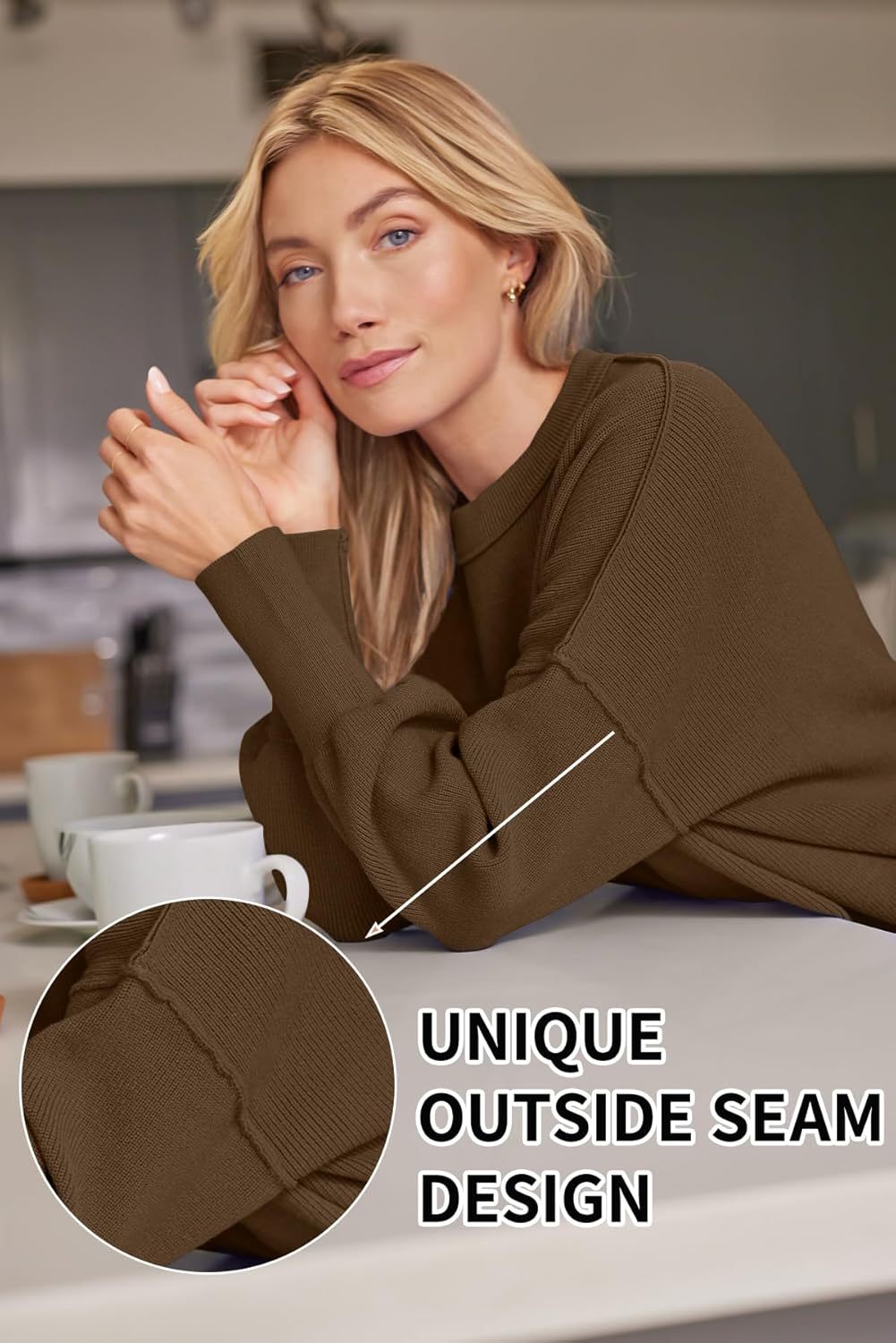 Women's Oversized Batwing Sweaters  Trendy Crewneck Knit Side Slit Fashion Pullover Tops