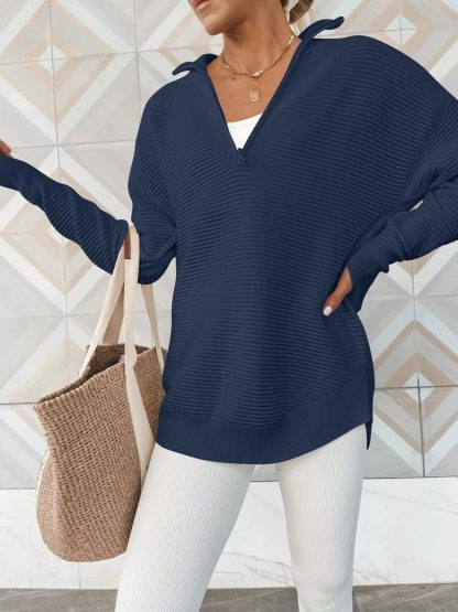 Womens Long Sleeve Quarter Zip Pullover Sweater Casual Loose V Neck Collared Ribbed Knit Jumper Tops Thumb Hole