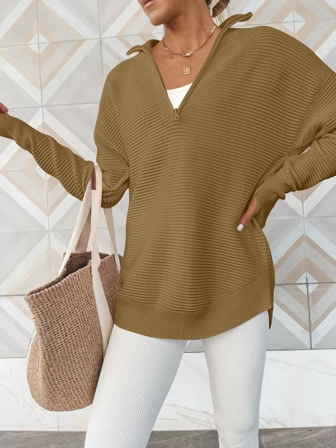 Womens Long Sleeve Quarter Zip Pullover Sweater Casual Loose V Neck Collared Ribbed Knit Jumper Tops Thumb Hole