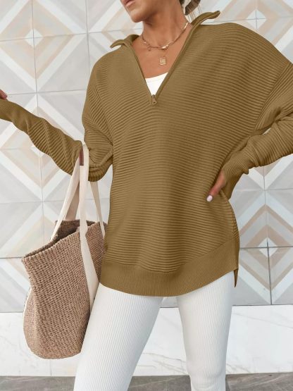 Womens Long Sleeve Quarter Zip Pullover Sweater Casual Loose V Neck Collared Ribbed Knit Jumper Tops Thumb Hole