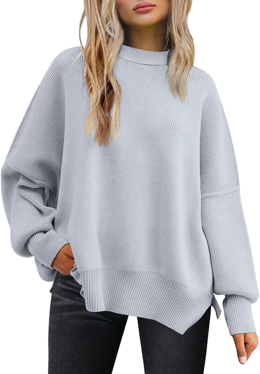 Women's Oversized Batwing Sweaters  Trendy Crewneck Knit Side Slit Fashion Pullover Tops