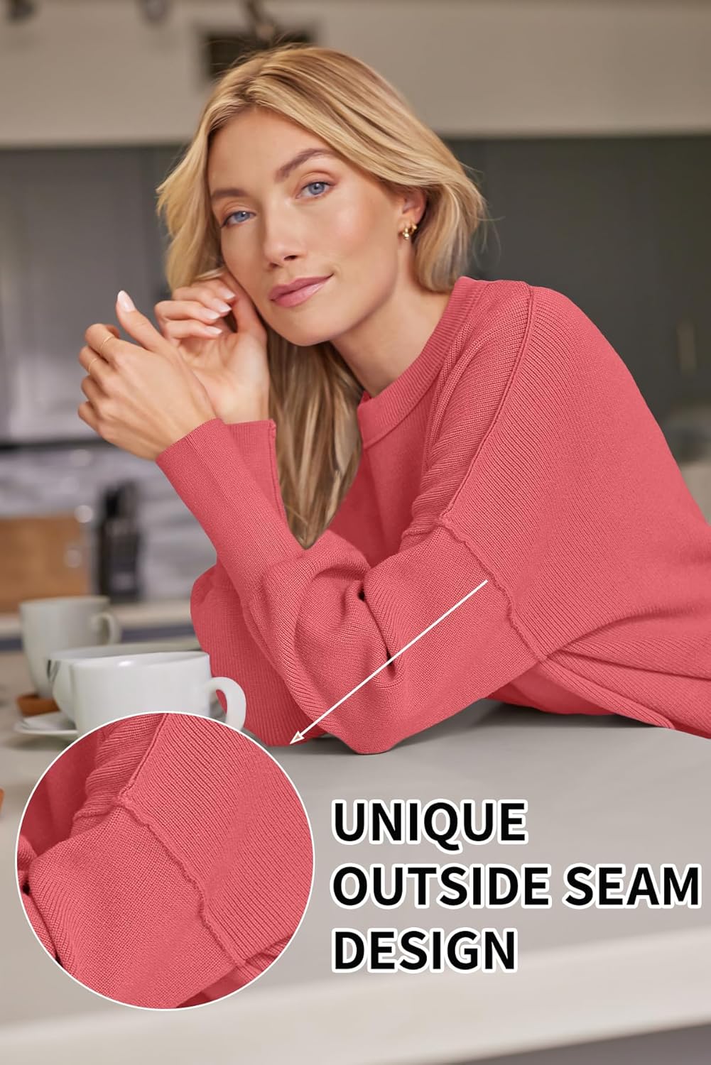 Women's Oversized Batwing Sweaters  Trendy Crewneck Knit Side Slit Fashion Pullover Tops