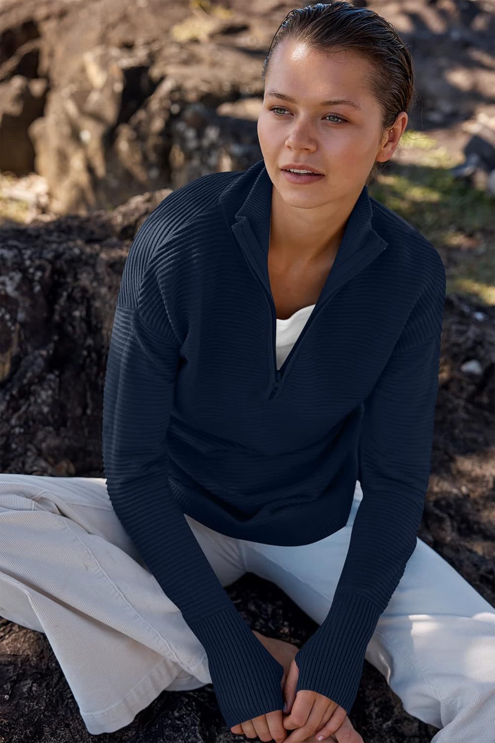 Womens Long Sleeve Quarter Zip Pullover Sweater Casual Loose V Neck Collared Ribbed Knit Jumper Tops Thumb Hole