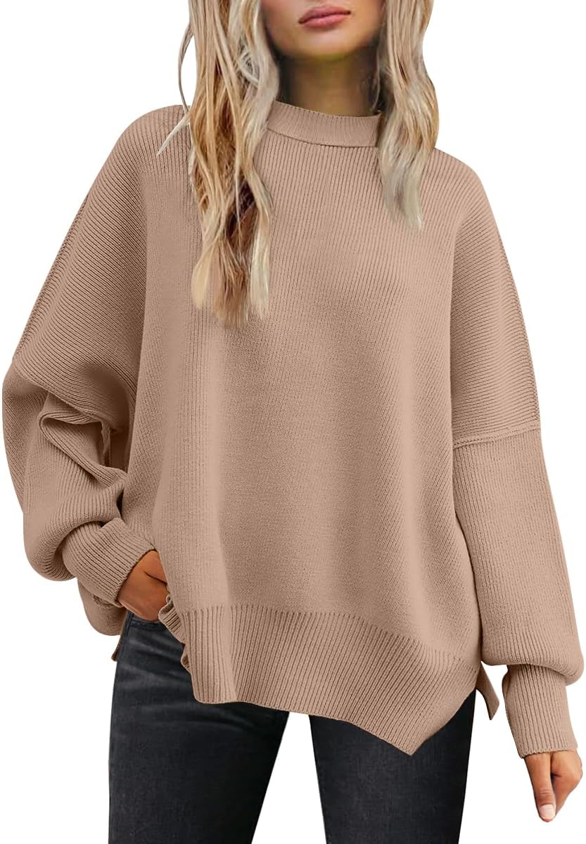 Women's Oversized Batwing Sweaters  Trendy Crewneck Knit Side Slit Fashion Pullover Tops
