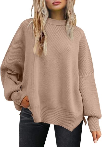 Women's Oversized Batwing Sweaters  Trendy Crewneck Knit Side Slit Fashion Pullover Tops