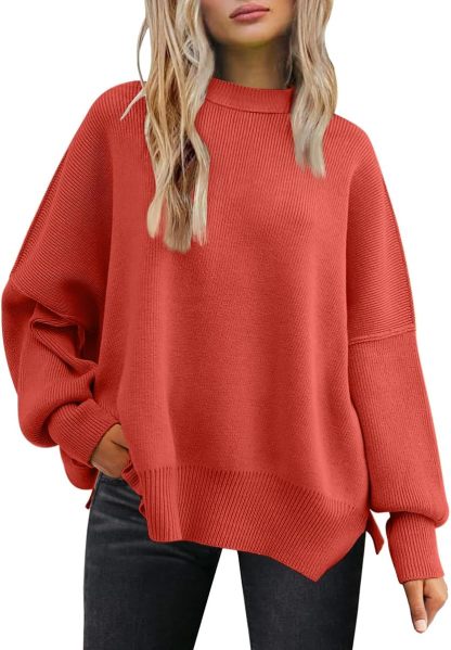 Women's Oversized Batwing Sweaters  Trendy Crewneck Knit Side Slit Fashion Pullover Tops