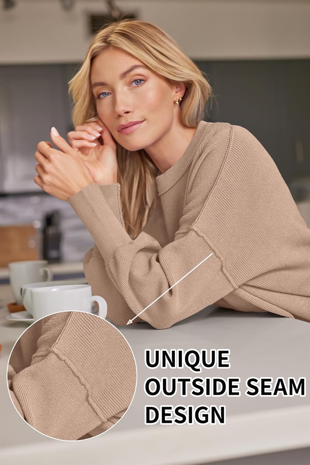 Women's Oversized Batwing Sweaters  Trendy Crewneck Knit Side Slit Fashion Pullover Tops