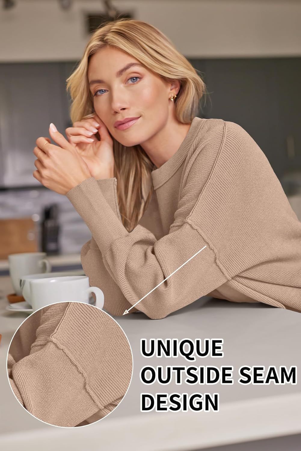 Women's Oversized Batwing Sweaters  Trendy Crewneck Knit Side Slit Fashion Pullover Tops