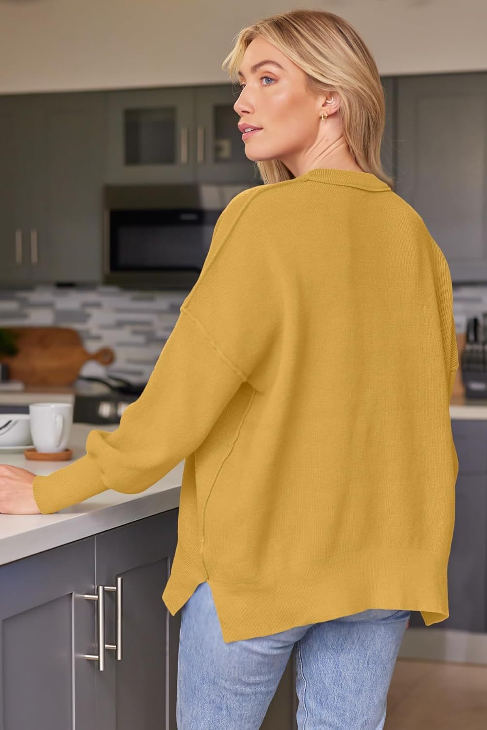 Women's Oversized Batwing Sweaters  Trendy Crewneck Knit Side Slit Fashion Pullover Tops