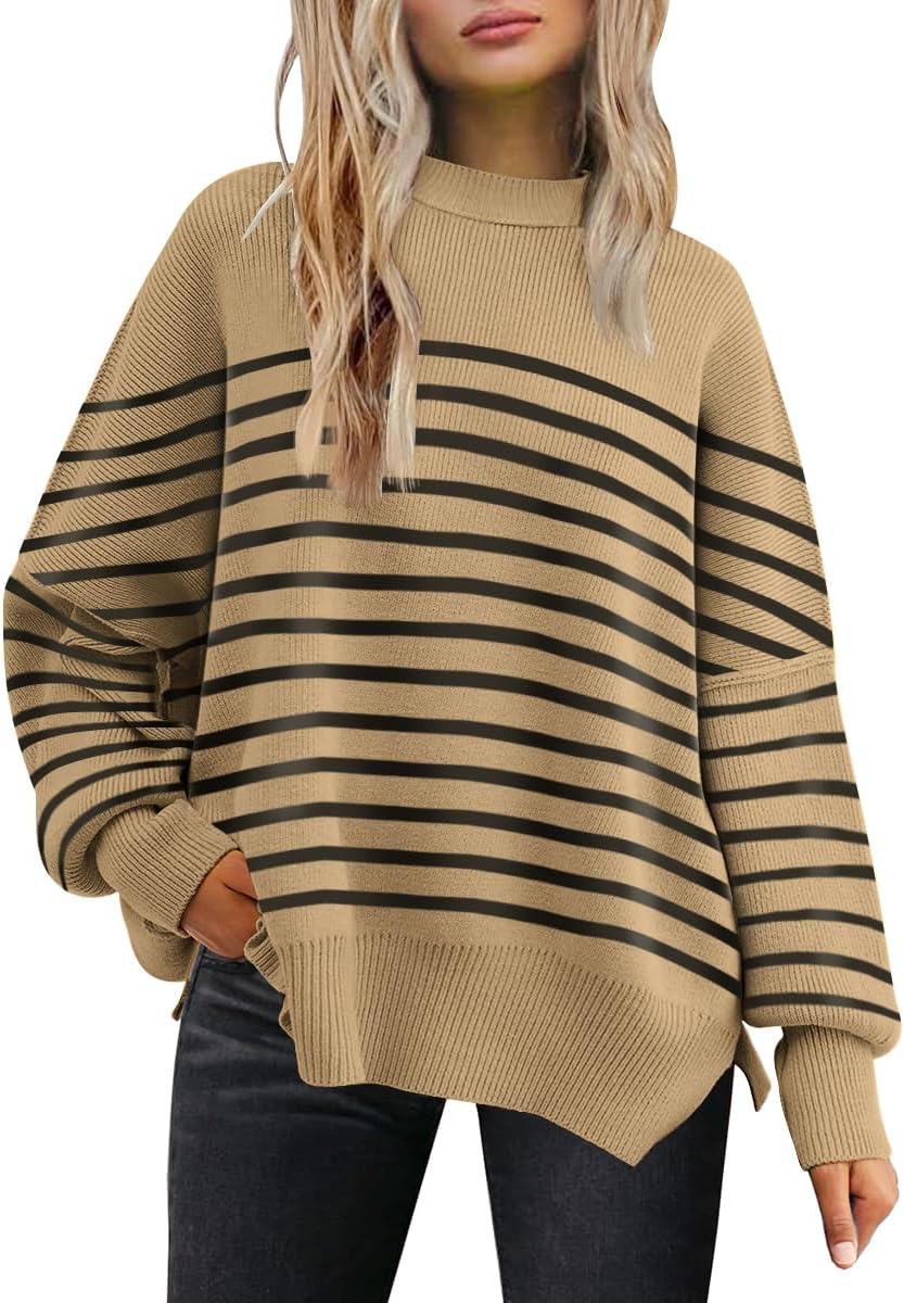 Women's Oversized Batwing Sweaters  Trendy Crewneck Knit Side Slit Fashion Pullover Tops
