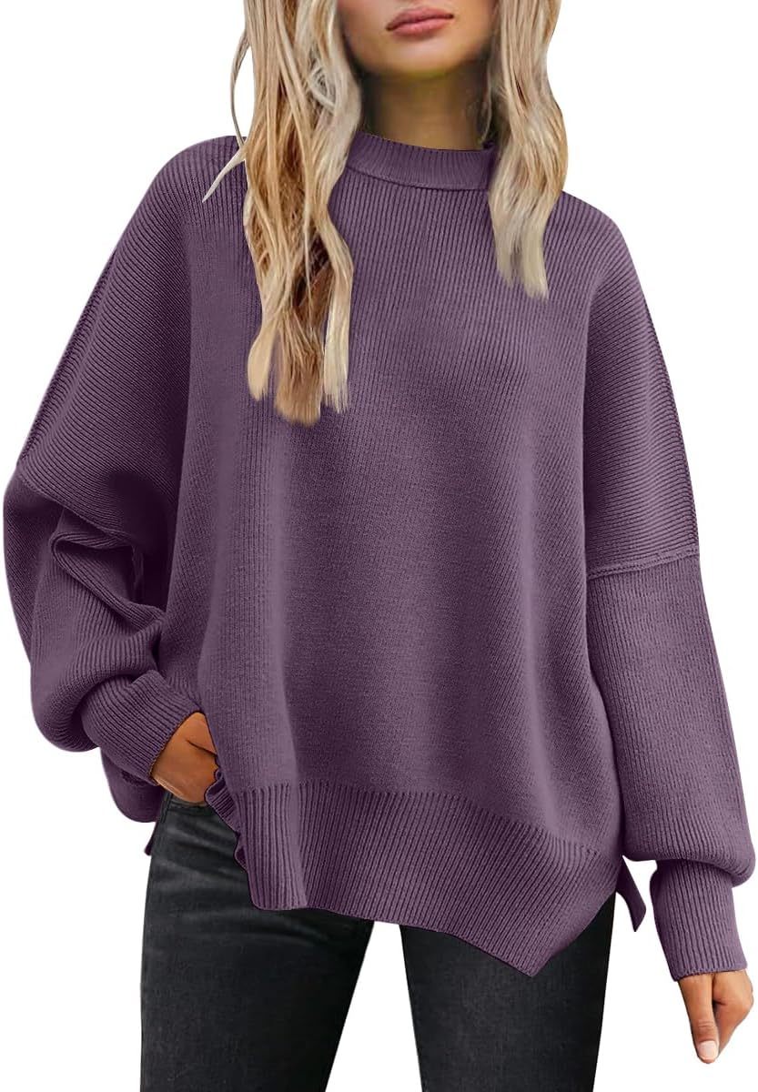 Women's Oversized Batwing Sweaters  Trendy Crewneck Knit Side Slit Fashion Pullover Tops