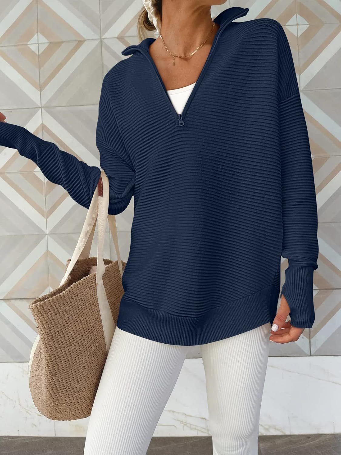 Womens Long Sleeve Quarter Zip Pullover Sweater Casual Loose V Neck Collared Ribbed Knit Jumper Tops Thumb Hole