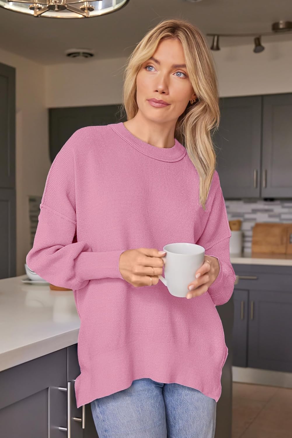 Women's Oversized Batwing Sweaters  Trendy Crewneck Knit Side Slit Fashion Pullover Tops