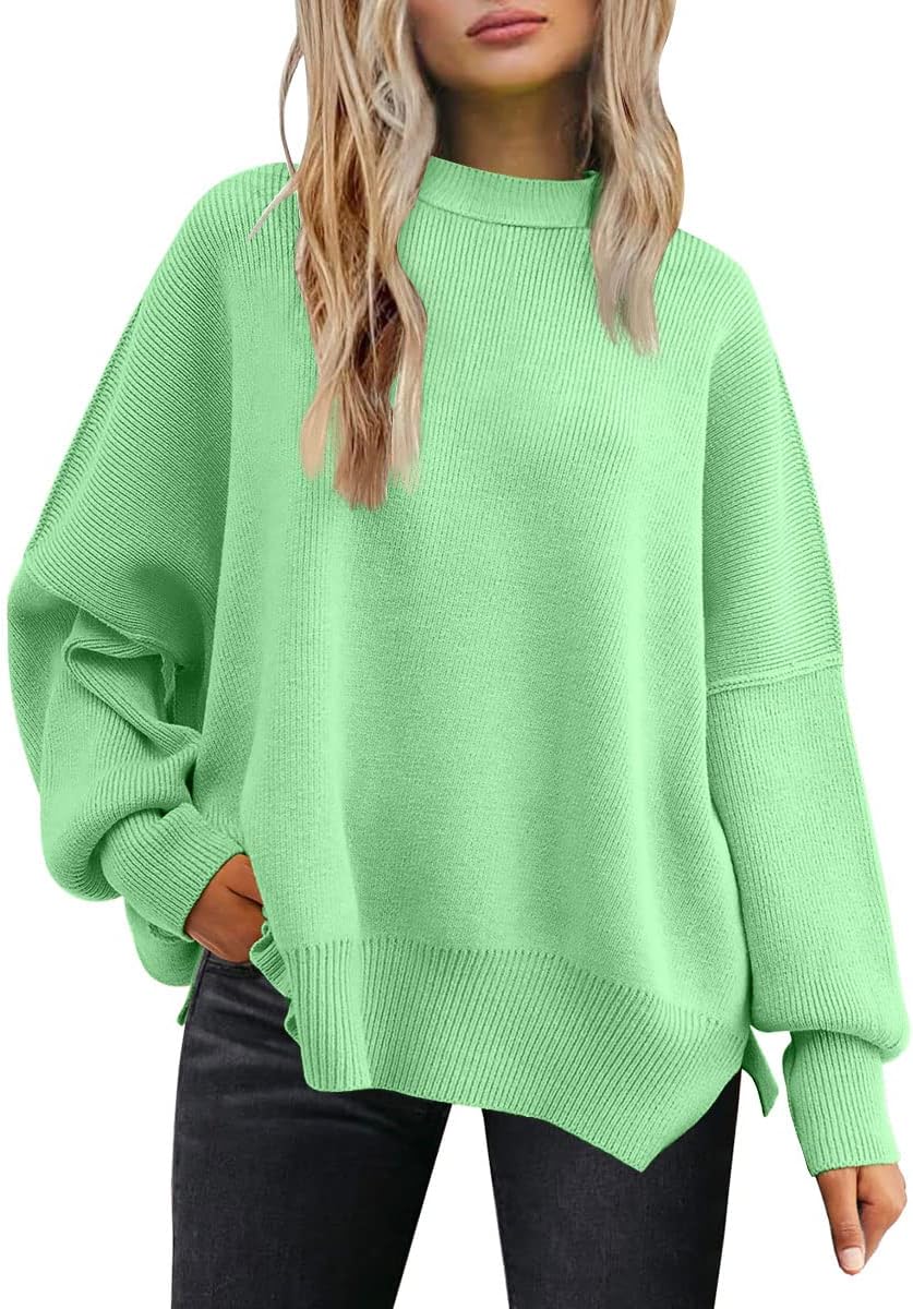 Women's Oversized Batwing Sweaters  Trendy Crewneck Knit Side Slit Fashion Pullover Tops