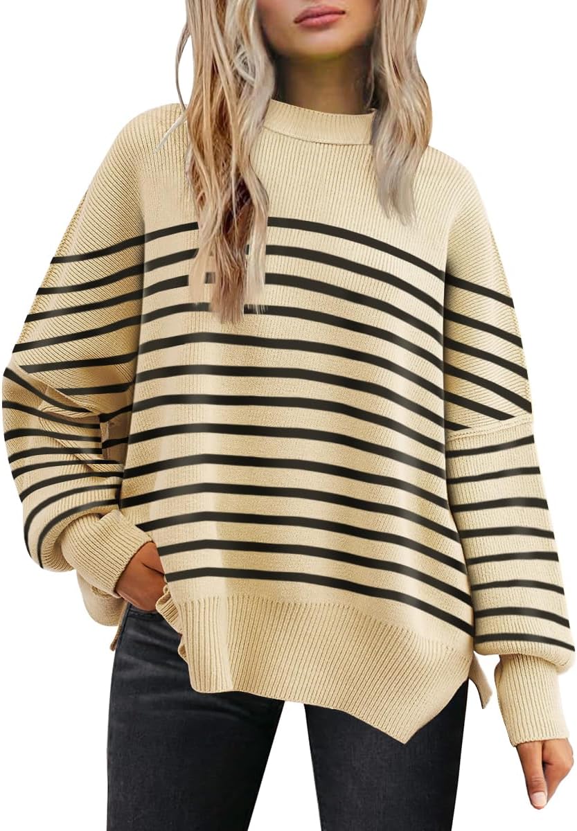Women's Oversized Batwing Sweaters  Trendy Crewneck Knit Side Slit Fashion Pullover Tops