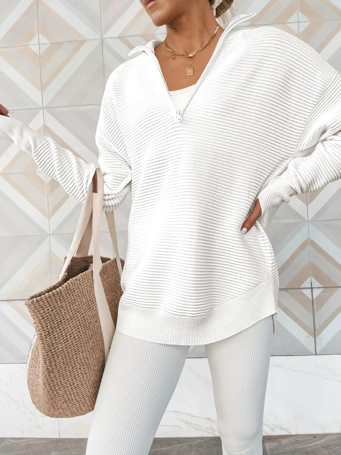 Womens Long Sleeve Quarter Zip Pullover Sweater Casual Loose V Neck Collared Ribbed Knit Jumper Tops Thumb Hole