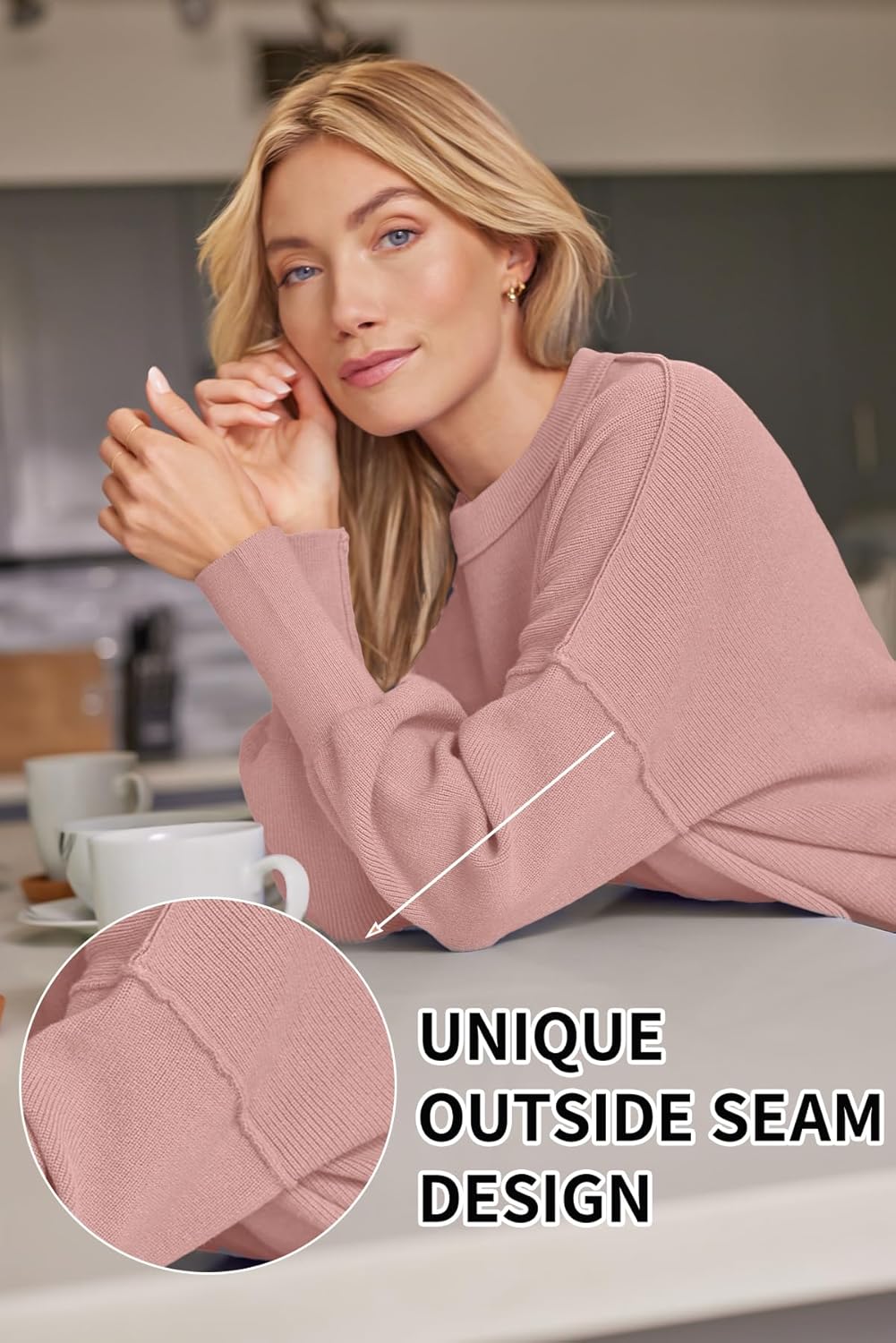 Women's Oversized Batwing Sweaters  Trendy Crewneck Knit Side Slit Fashion Pullover Tops